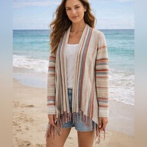 Goddis Striped Knit Fringe Cardigan Drape Sweater Women's Size S/M